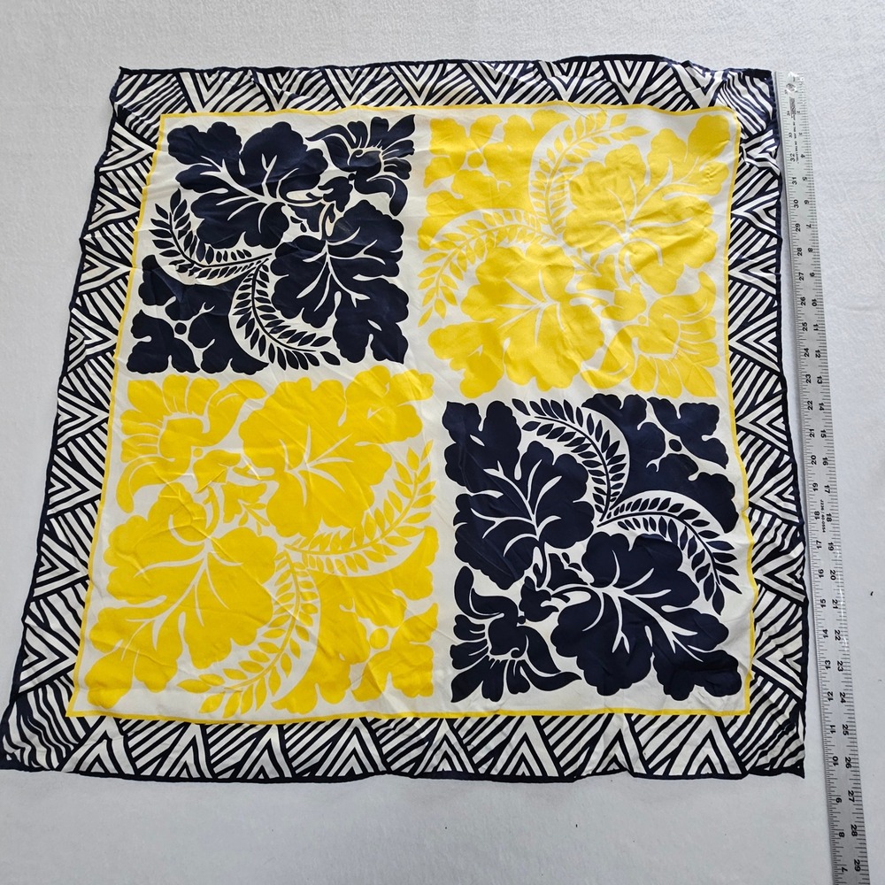 Talbots Silk Scarf‎ Navy Yellow Hibiscus Floral Tropical Geometric Border Square